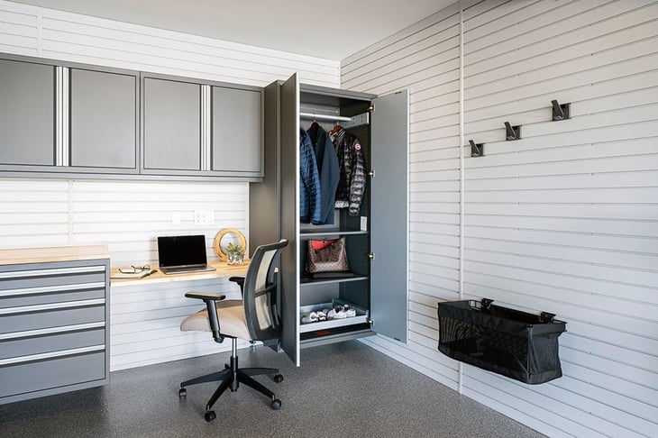 A modern garage converted into a sleek home office