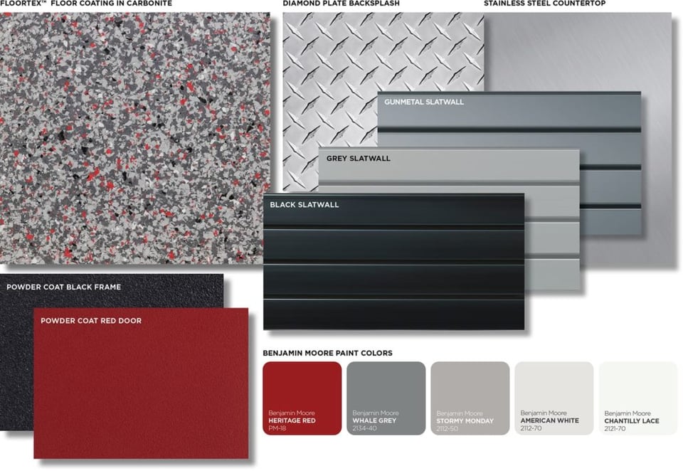 Design board showing paint swatches, slatwall colors, flooring color, textures, and cabinetry colors