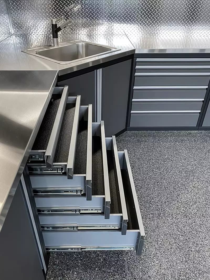 open cabinets  Custom Steel cabinetry - garage living