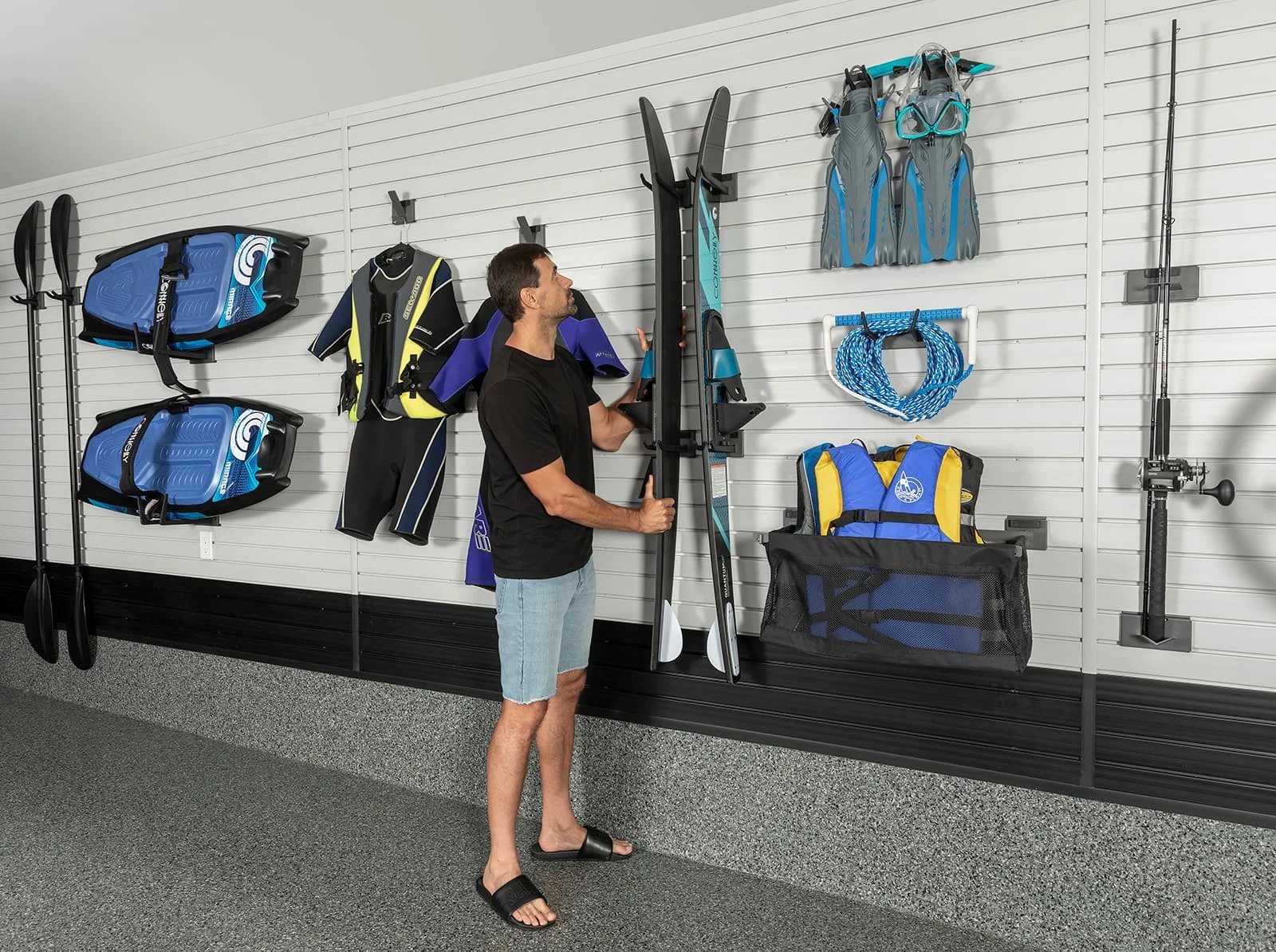 Slatwall Storage Ideas - watersports equipment - Garage Living