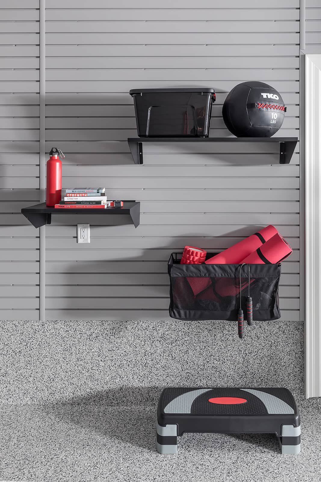 slatwall shelves - The Fitness Room Garage - Garage Living